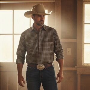 Ariat Pro Series Shirt Mens Medium Brown Charcoal Plaid Performance Western